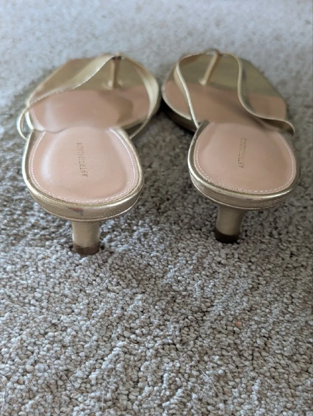 Gold Square-Toe Kitten Heel Thong Sandals